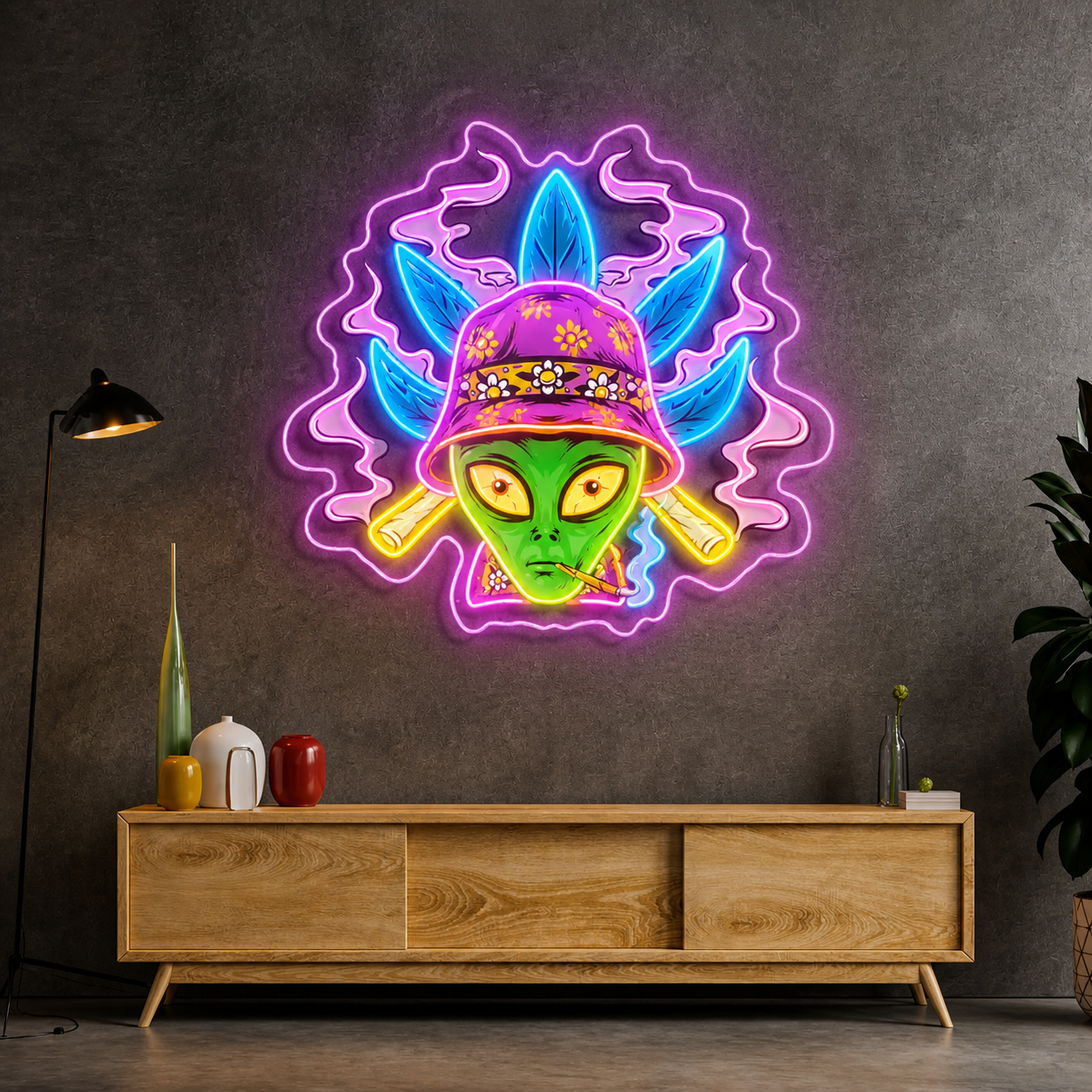 Alien Head LED Neon Sign with Hat and Leaf Design Funky Space Neon Light Wall Decor for Bedrooms Game Rooms Bars