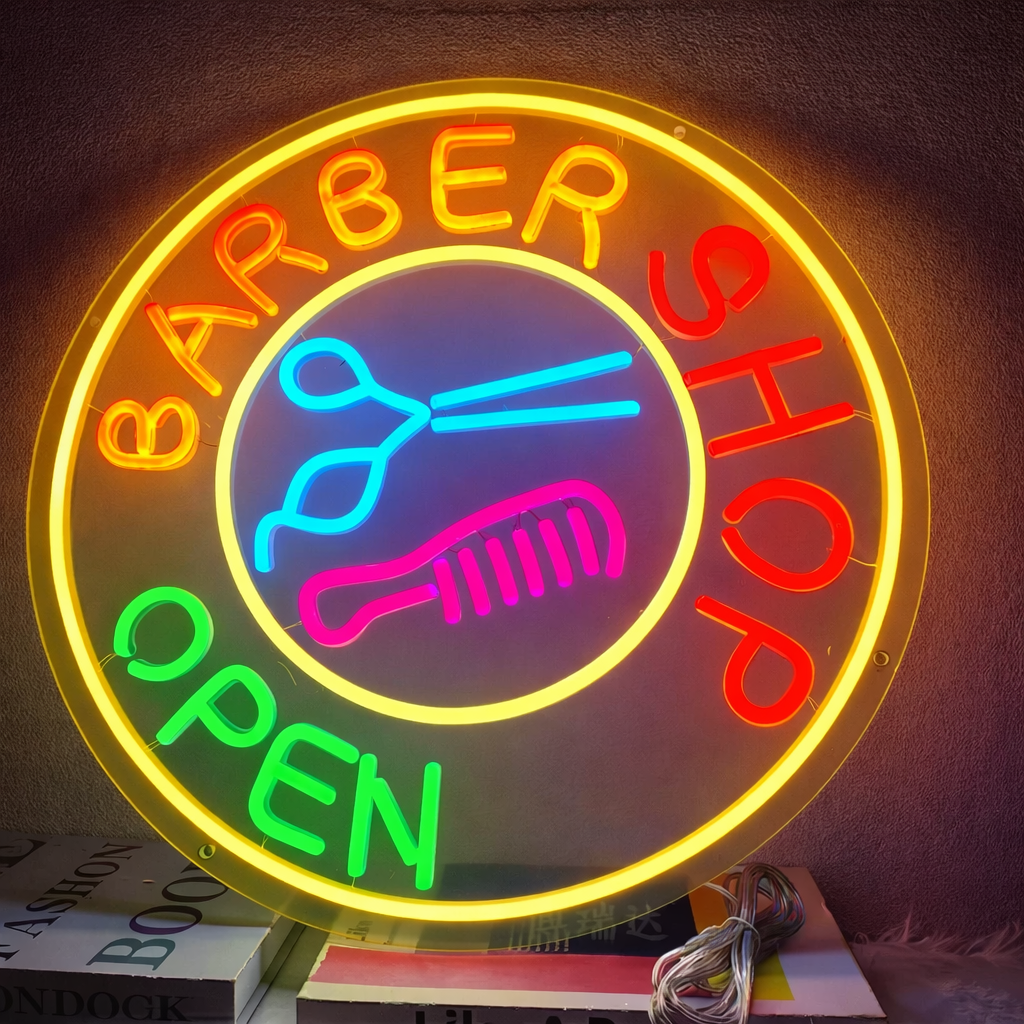 Classic Barber Shop Open Neon Sign Round LED Light with Scissors and Comb