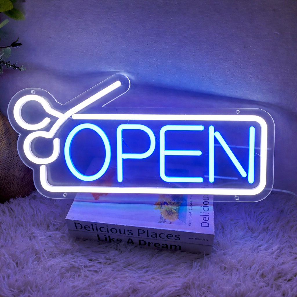 Barber Shop Open Neon Sign with Scissors for Salon Window Decor