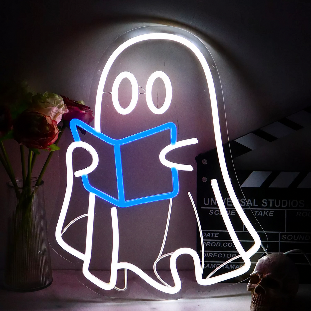 Cute Reading Ghost LED Neon Sign Halloween Ghost Neon Light Wall Decor for Bedroom Study Room