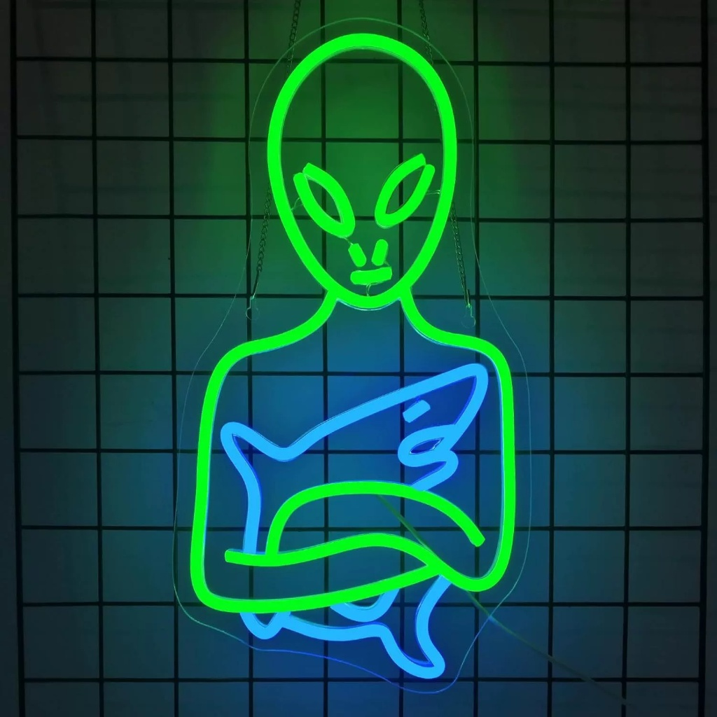 Alien Hug Shark LED Neon Sign Green Blue Space Neon Light Wall Decor for Bedroom Game Room