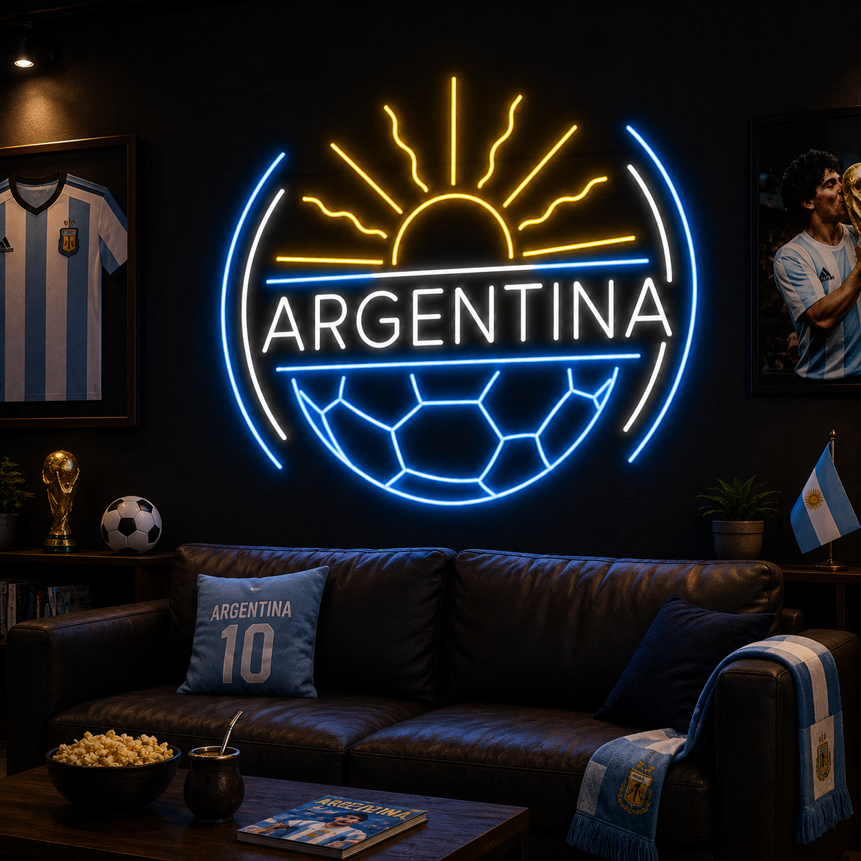 Argentina Sun Soccer LED Neon Sign Argentine Football Neon Light Wall Decor for Sports Bar Game Room