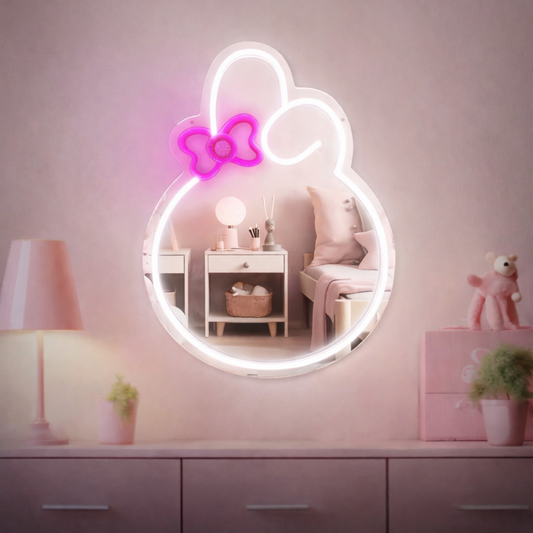 Cute Bunny LED Neon Mirror Sign for Kids Room Bedroom Vanity Decor