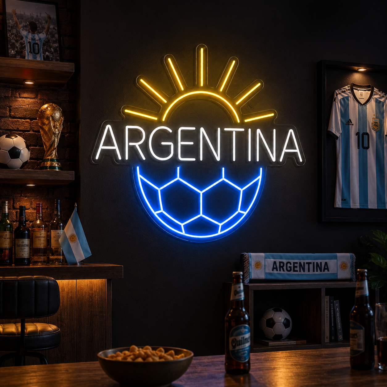 Argentina Sunrise Soccer LED Neon Sign Argentine Football Neon Light Wall Decor for Sports Bar Game Room