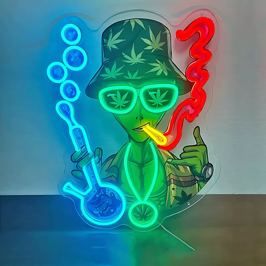 Alien LED Neon Sign with Hat and Pipe Funky Space Alien Wall Decor for Bedrooms Game Rooms and Cafes