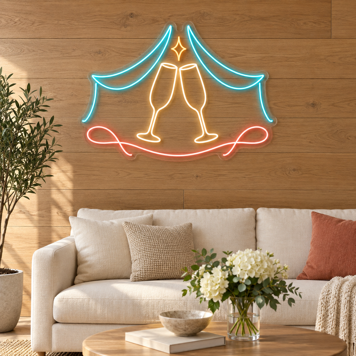 Champagne Flutes & Celebration Drapes LED Neon Sign for Event Planners - interior setting