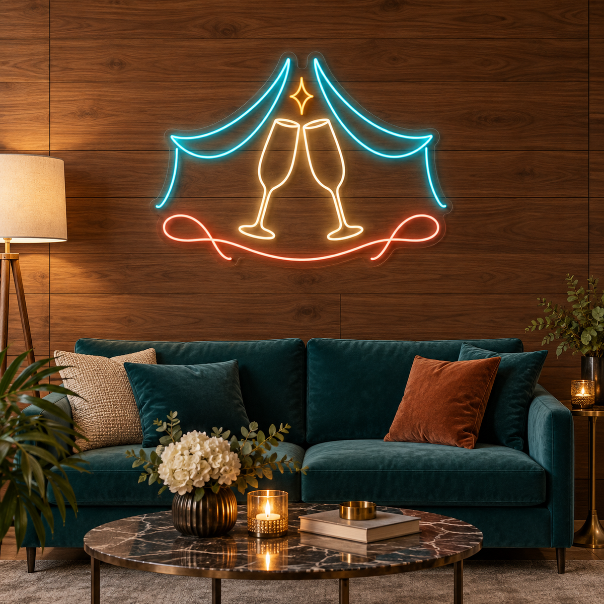 Champagne Flutes & Celebration Drapes LED Neon Sign for Event Planners - interior setting