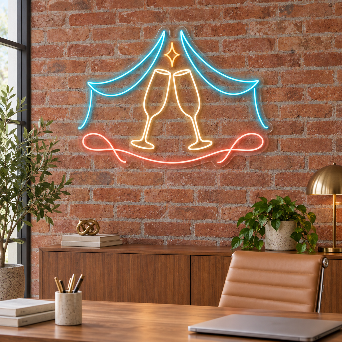 Champagne Flutes & Celebration Drapes LED Neon Sign for Event Planners - interior setting