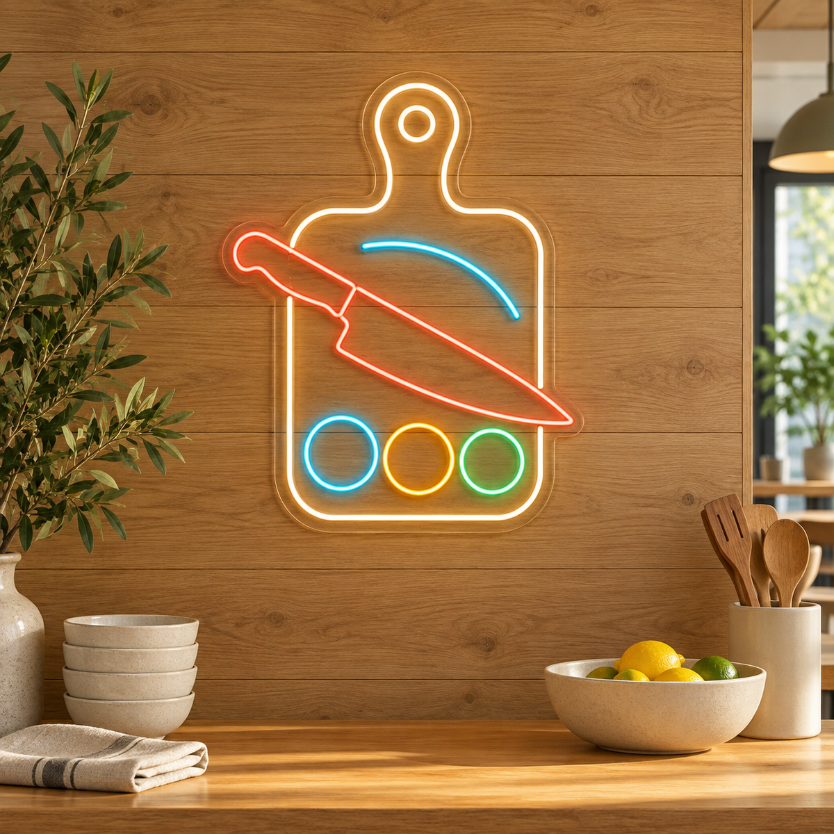 Chef Knife & Cutting Board LED Neon Sign for Culinary Schools - interior setting