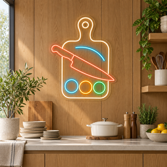 Chef Knife & Cutting Board LED Neon Sign for Culinary Schools - interior setting