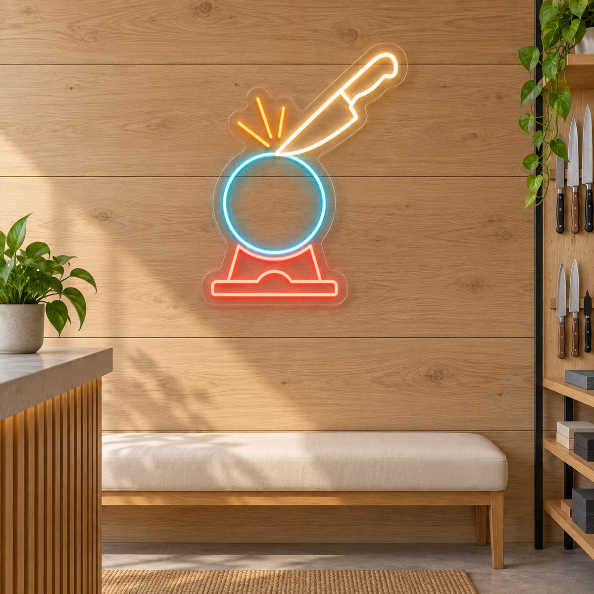 Chef Knife & Sharpening Wheel LED Neon Sign for Knife Sharpening Shops - interior setting