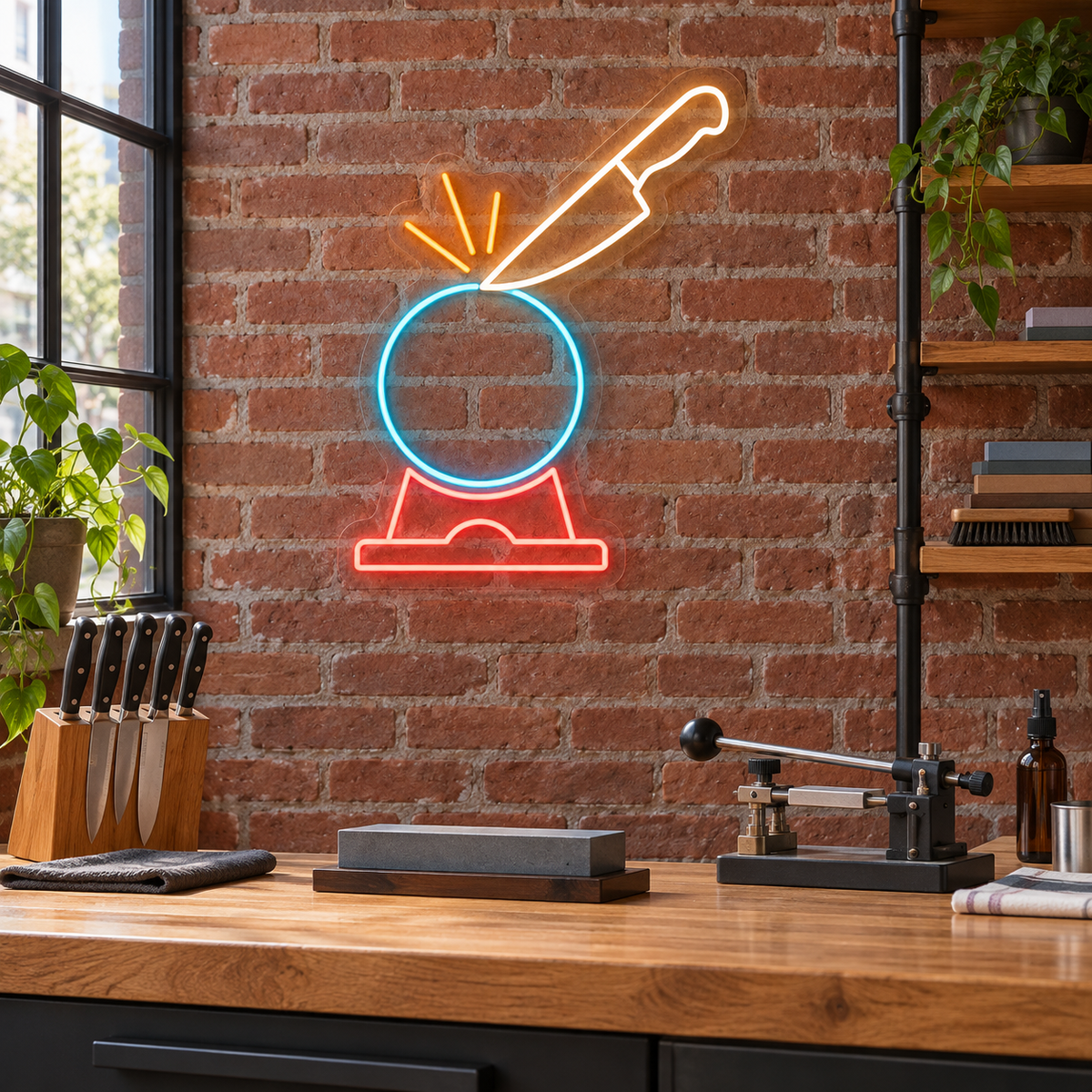 Chef Knife & Sharpening Wheel LED Neon Sign for Knife Sharpening Shops - interior setting