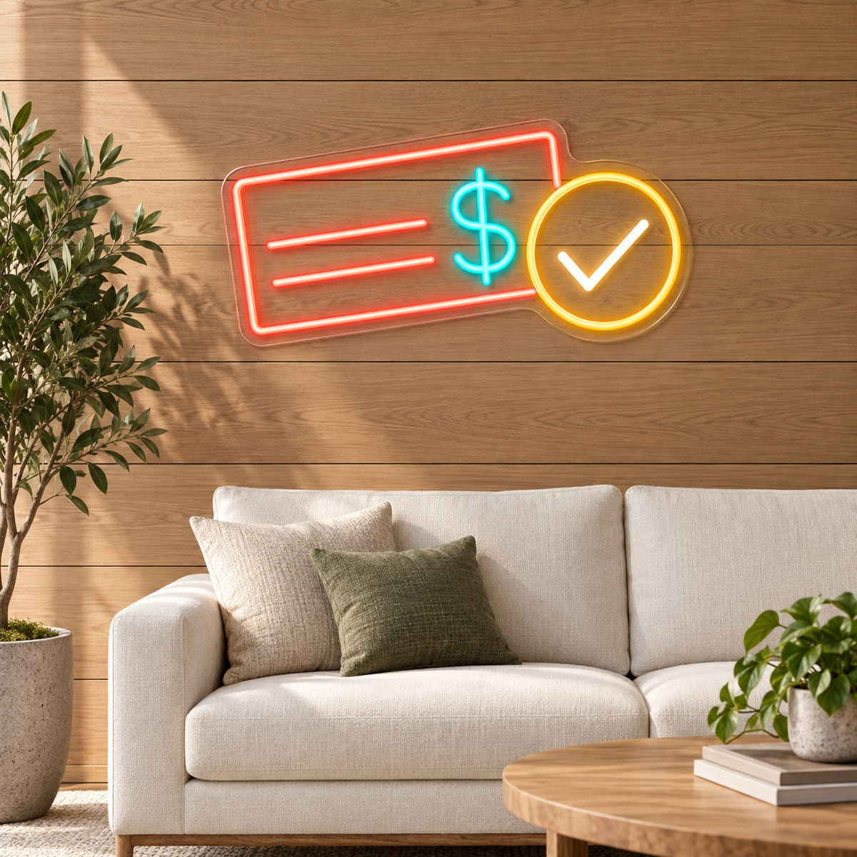 Cheque & Dollar LED Neon Sign for Check Cashing Shops - interior setting