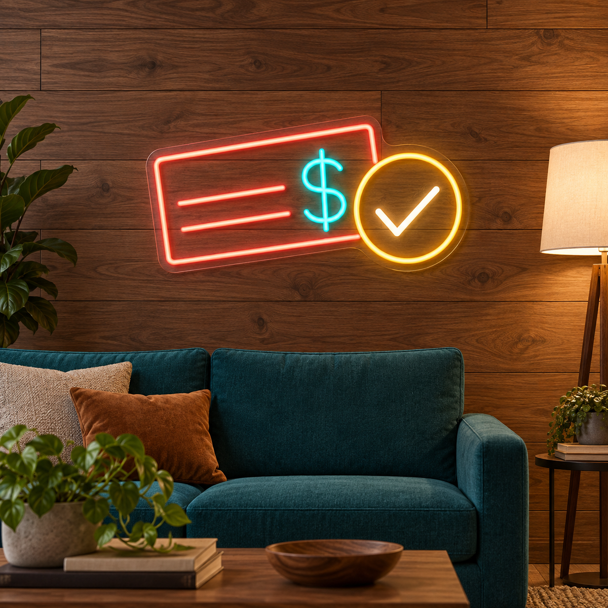 Cheque & Dollar LED Neon Sign for Check Cashing Shops - interior setting