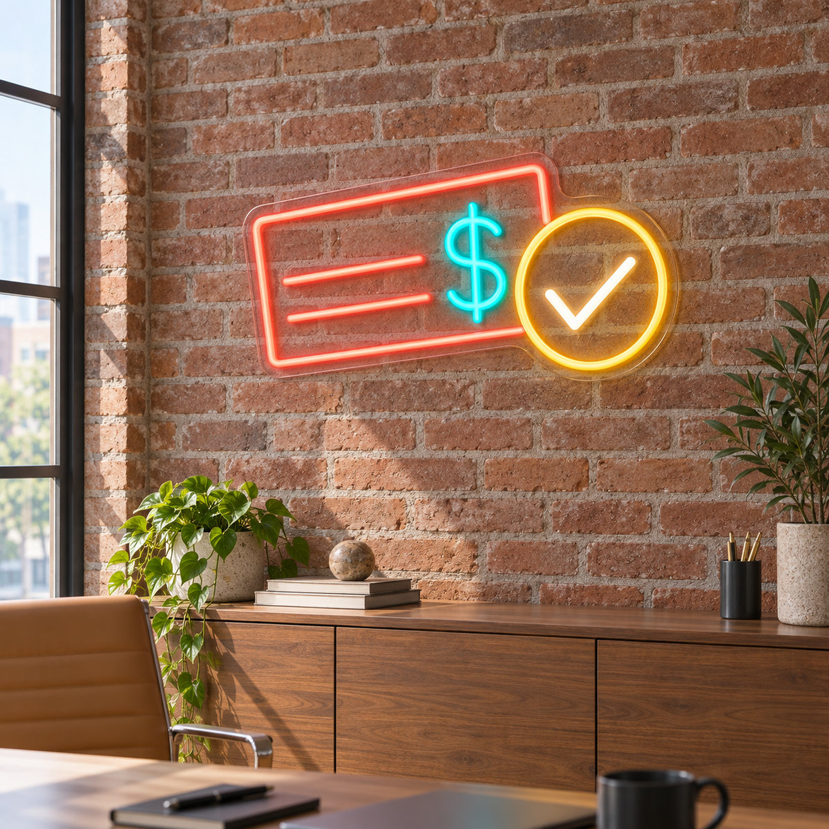 Cheque & Dollar LED Neon Sign for Check Cashing Shops - interior setting