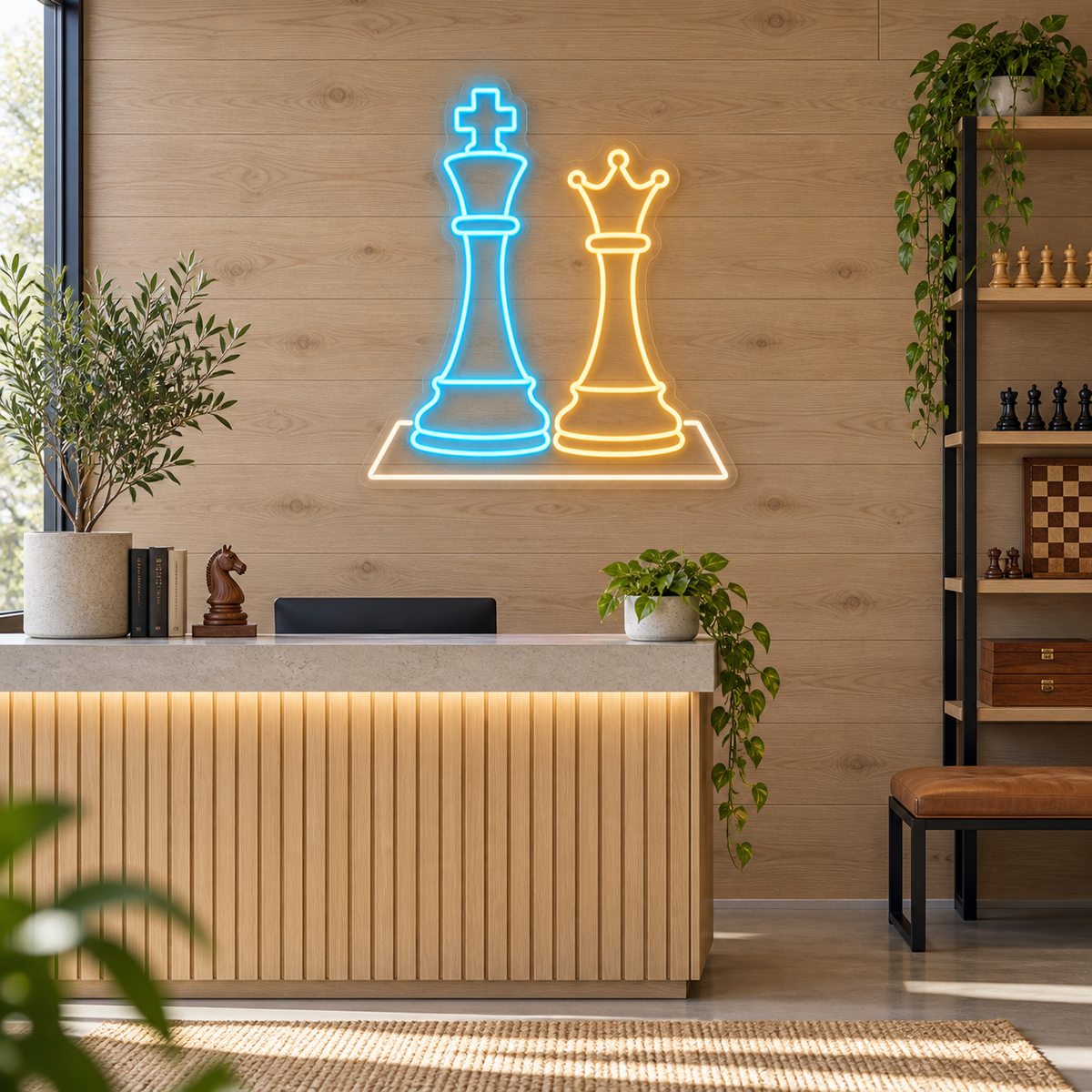 Chess King & Queen LED Neon Sign for Chess Clubs - interior setting