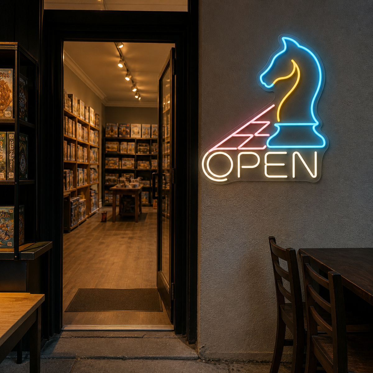 Chess Knight OPEN LED Neon Sign for Chess Clubs - interior setting