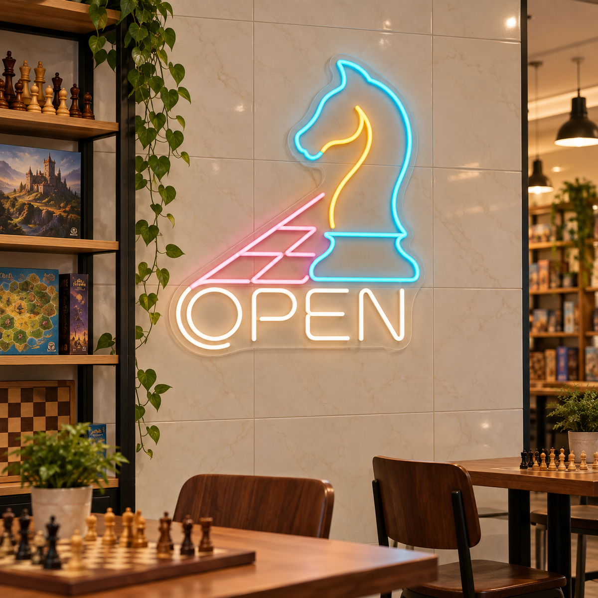 Chess Knight OPEN LED Neon Sign for Chess Clubs - interior setting