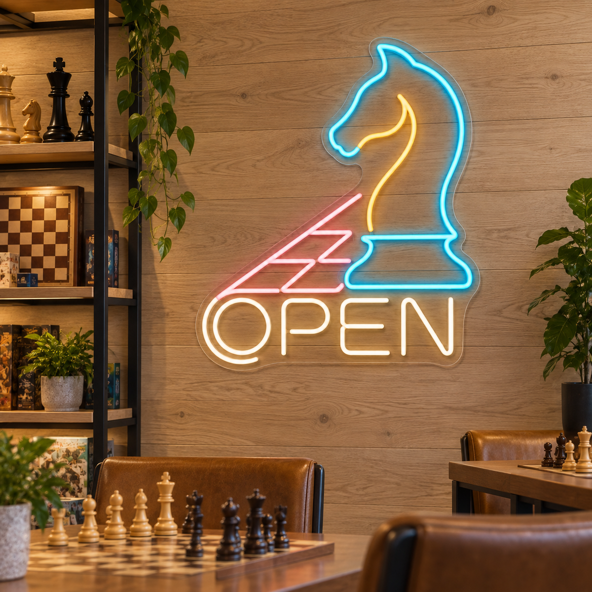 Chess Knight OPEN LED Neon Sign for Chess Clubs - interior setting