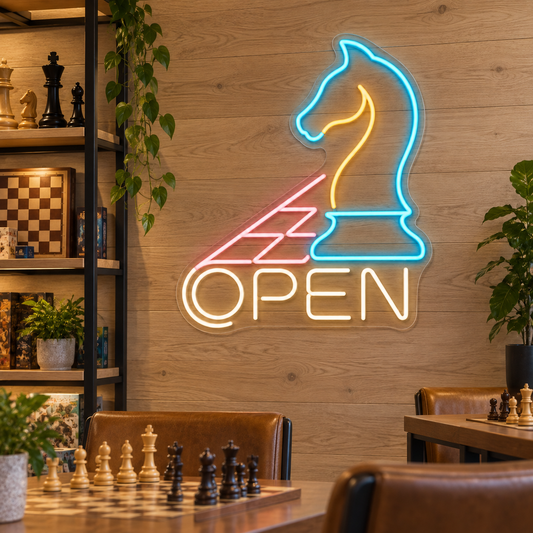 Chess Knight OPEN LED Neon Sign for Chess Clubs - interior setting