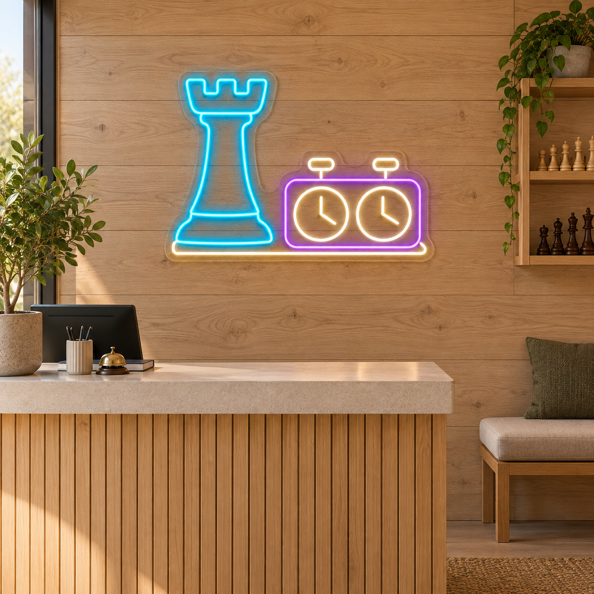 Chess Rook & Clock LED Neon Sign for Chess Clubs - interior setting