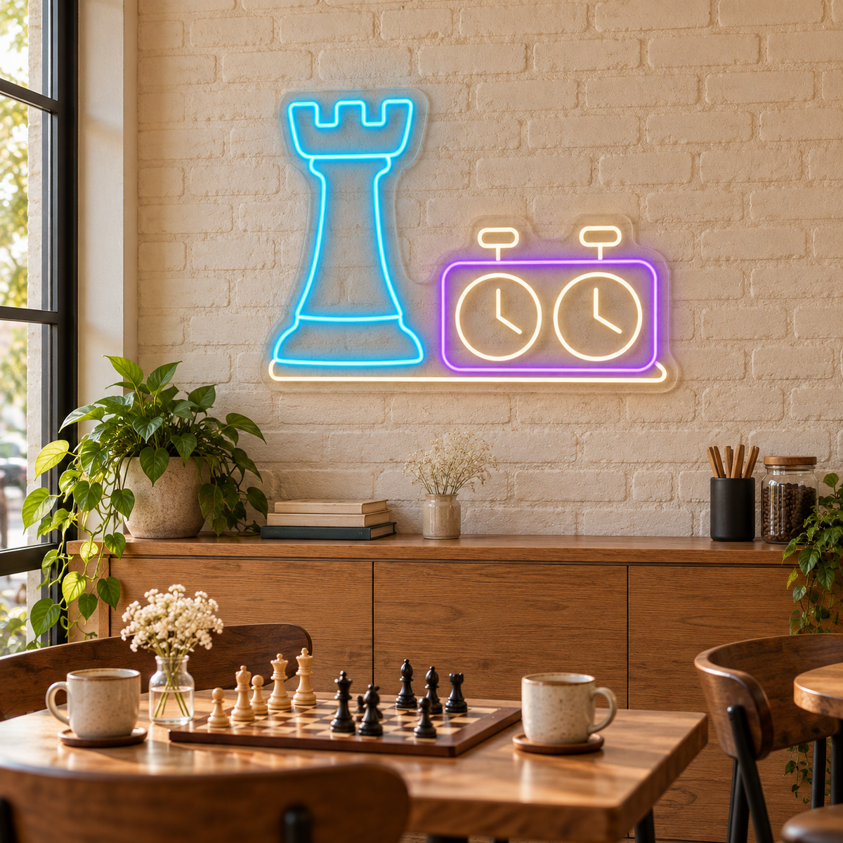 Chess Rook & Clock LED Neon Sign for Chess Clubs - interior setting