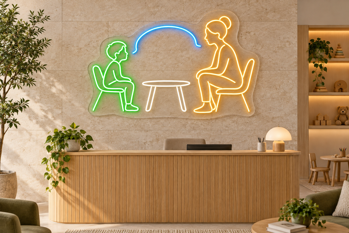 Child & Counselor LED Neon Sign for Counseling Centers - interior setting