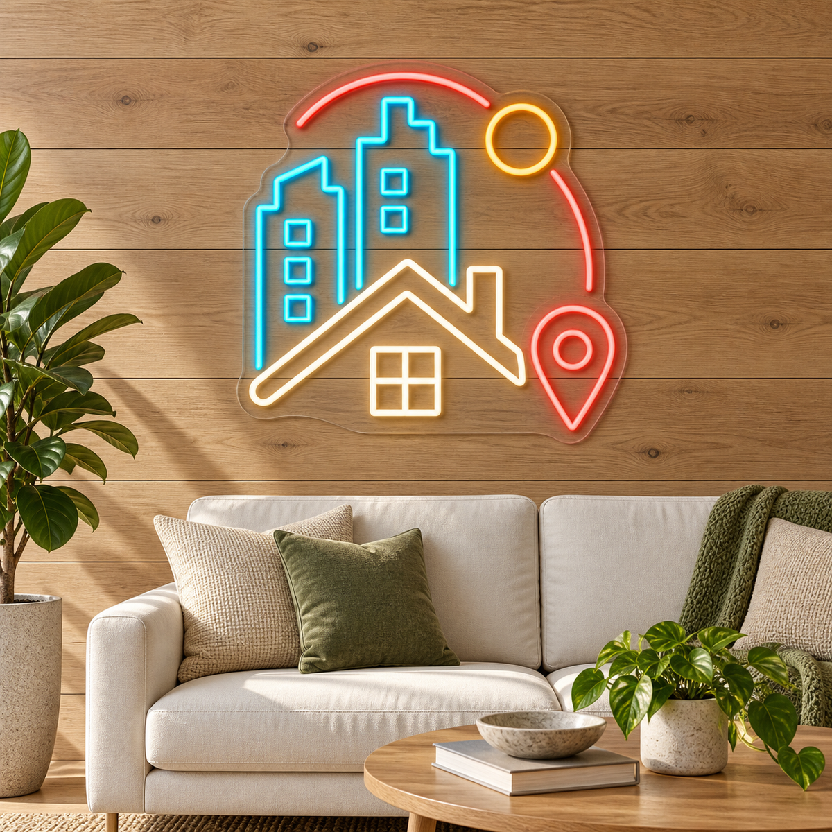 City Skyline & House LED Neon Sign for Realtor Offices - interior setting