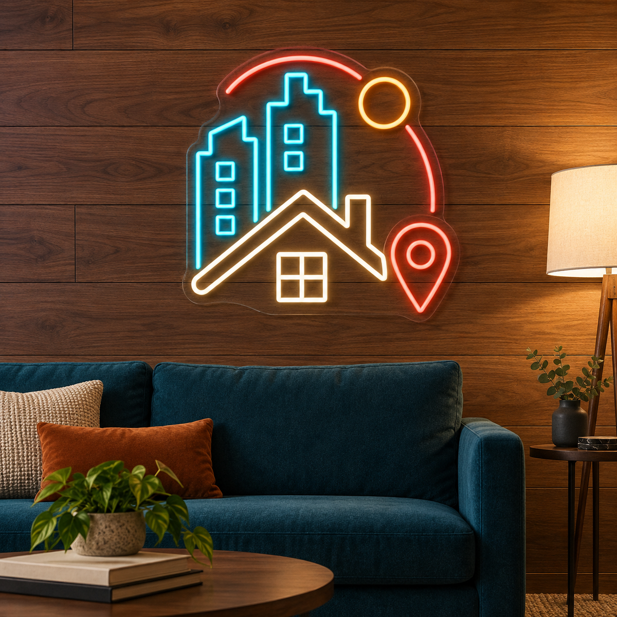 City Skyline & House LED Neon Sign for Realtor Offices - interior setting