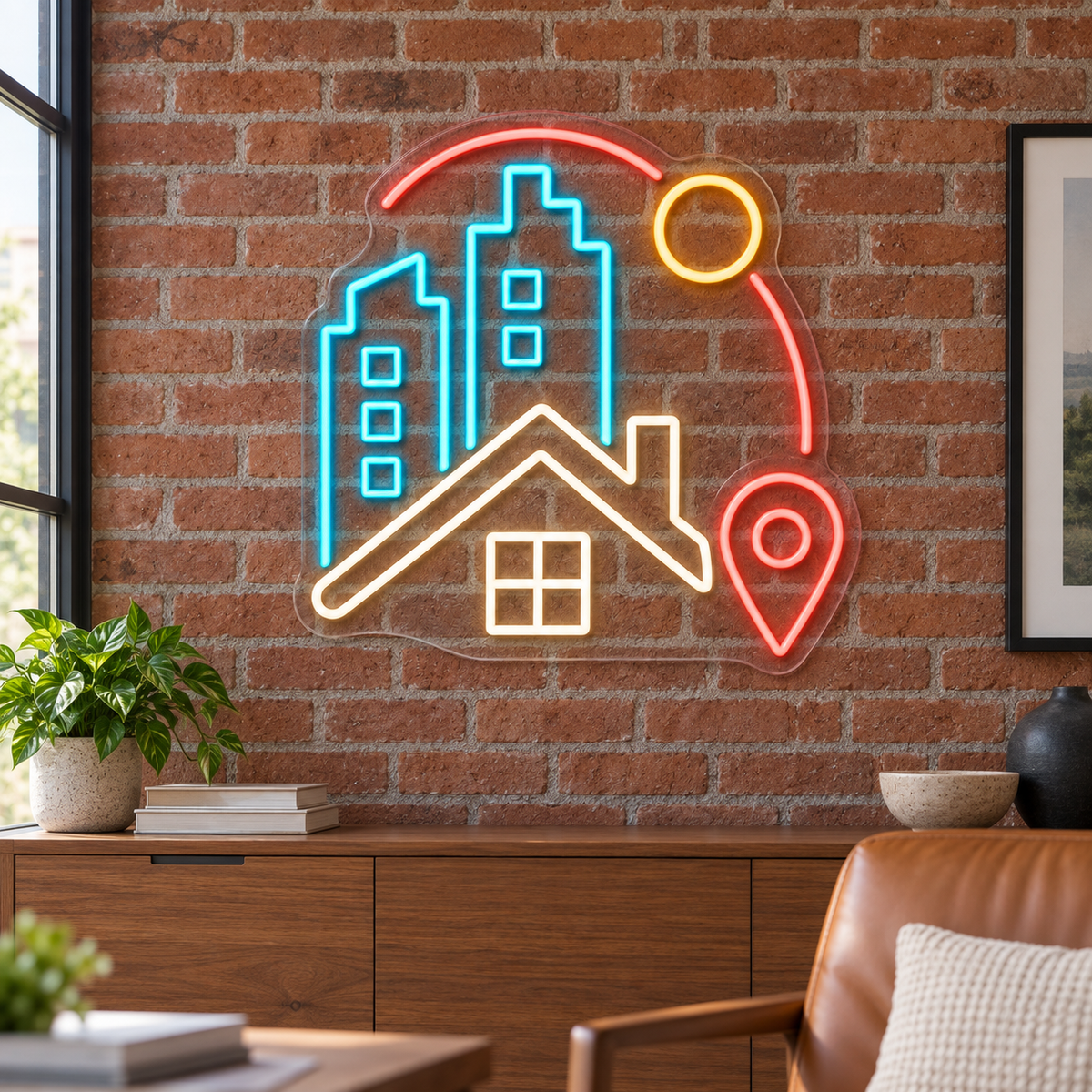 City Skyline & House LED Neon Sign for Realtor Offices - interior setting