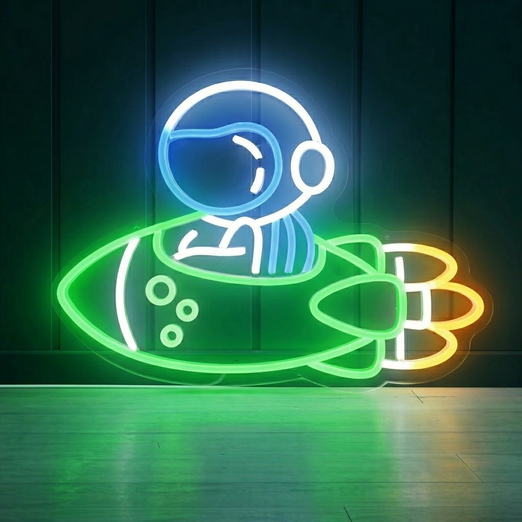 Cute Astronaut Rocket LED Neon Sign Space Theme Light for Kids Room Bedroom Wall Decor