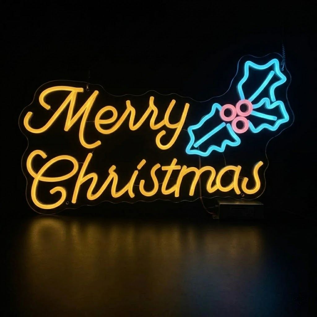 LED Merry Christmas Neon Sign with Holly Accent – Red & Green Wall Décor
