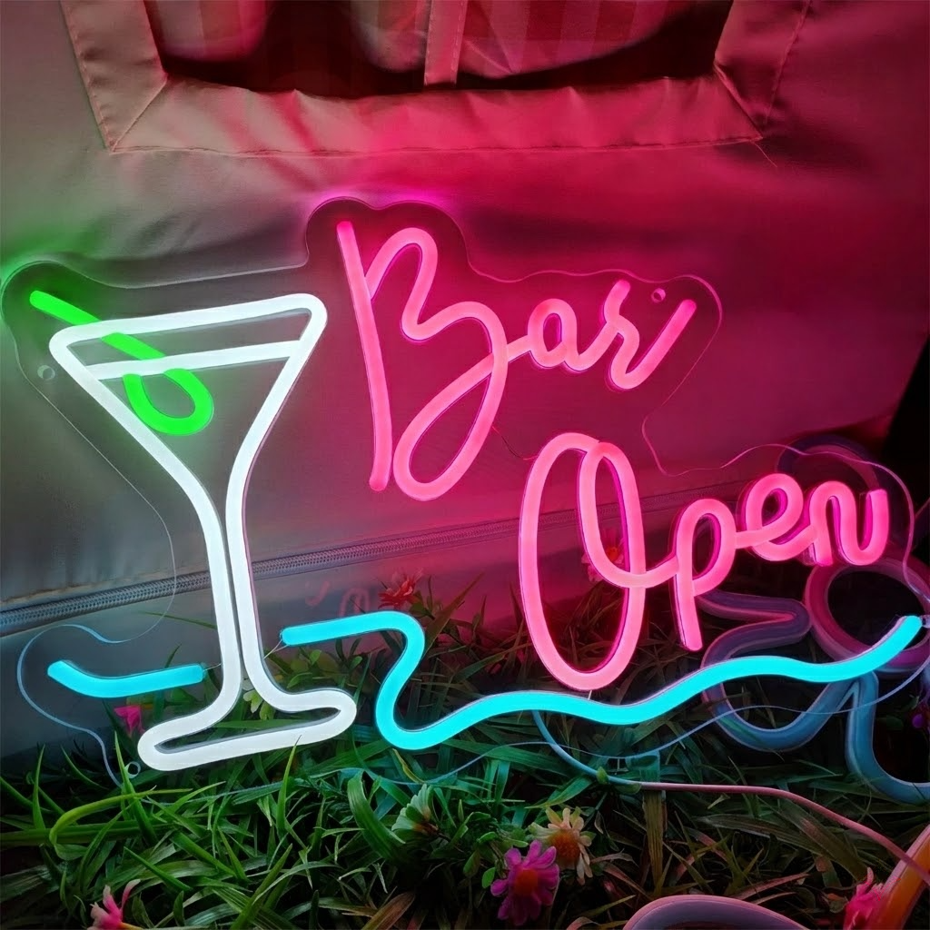Bar Open Cocktail LED Neon Sign Pink Martini Glass Neon Light for Home Bar Decor