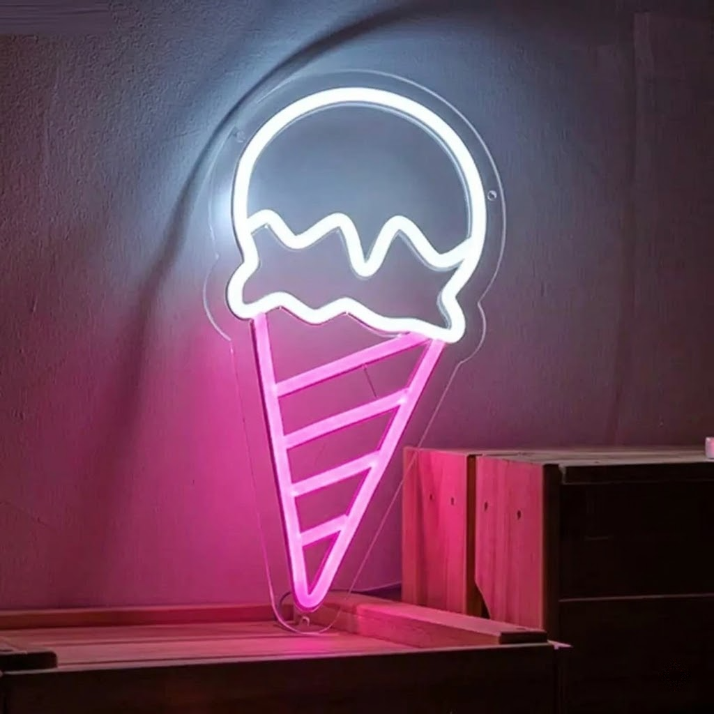 Ice Cream Cone LED Neon Sign White Scoop Yellow Cone Neon Light for Cafe Dessert Shop Wall Decor