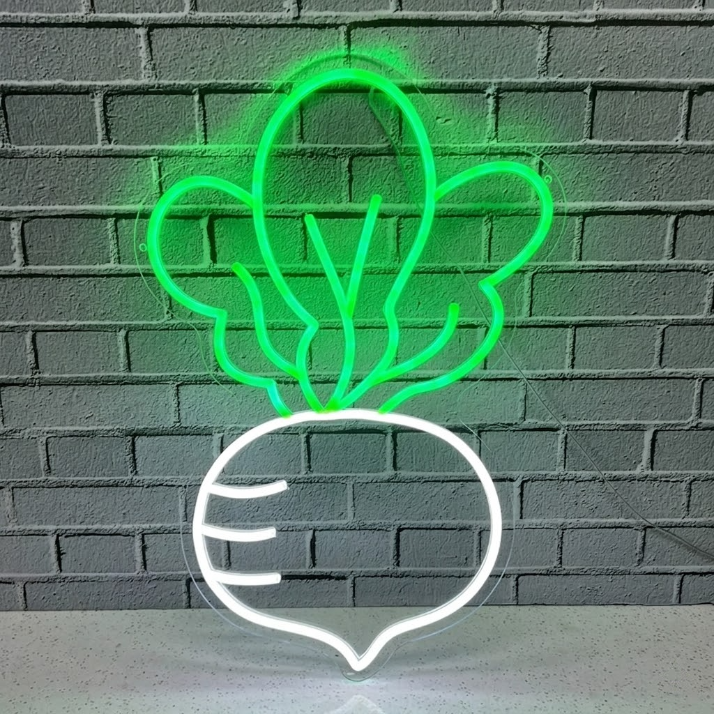 Turnip LED Neon Sign White Vegetable Neon Light with Green Leaves for Kitchen Cafe Wall Decor