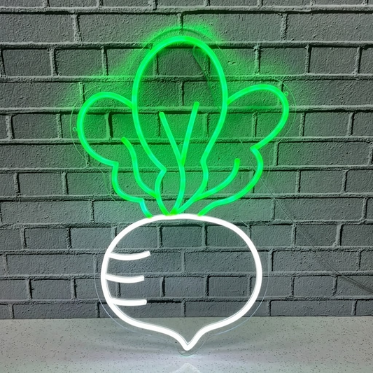 Turnip LED Neon Sign White Vegetable Neon Light with Green Leaves for Kitchen Cafe Wall Decor