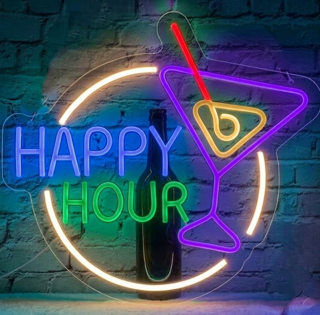 Happy Hour LED Neon Sign with Cocktail Glass and Girl Silhouette Creative Wall Decor for Home Bar Pub Party
