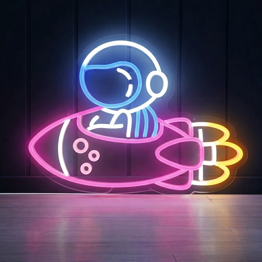 Cute Astronaut Rocket LED Neon Sign Space Theme Light for Kids Room Bedroom Wall Decor
