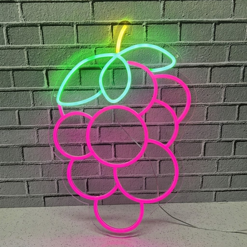 Grapes LED Neon Sign Purple Fruit Neon Light with Green Leaves for Bar Kitchen Wall Decor