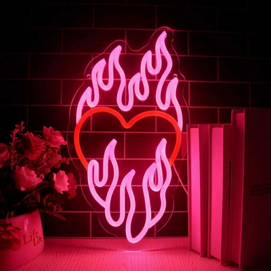 Flaming Heart LED Neon Sign for Bedroom Wall Decor Fire Love Aesthetic Light