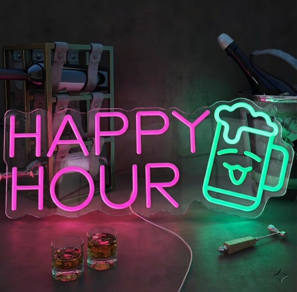 Happy Hour LED Neon Sign with Cartoon Beer Mug Wall Decor for Home Bar Pub Party