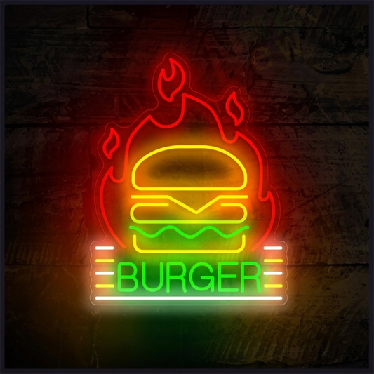 Flaming Burger LED Neon Sign for Restaurant, Grill Bar & Fast Food Shop Decor