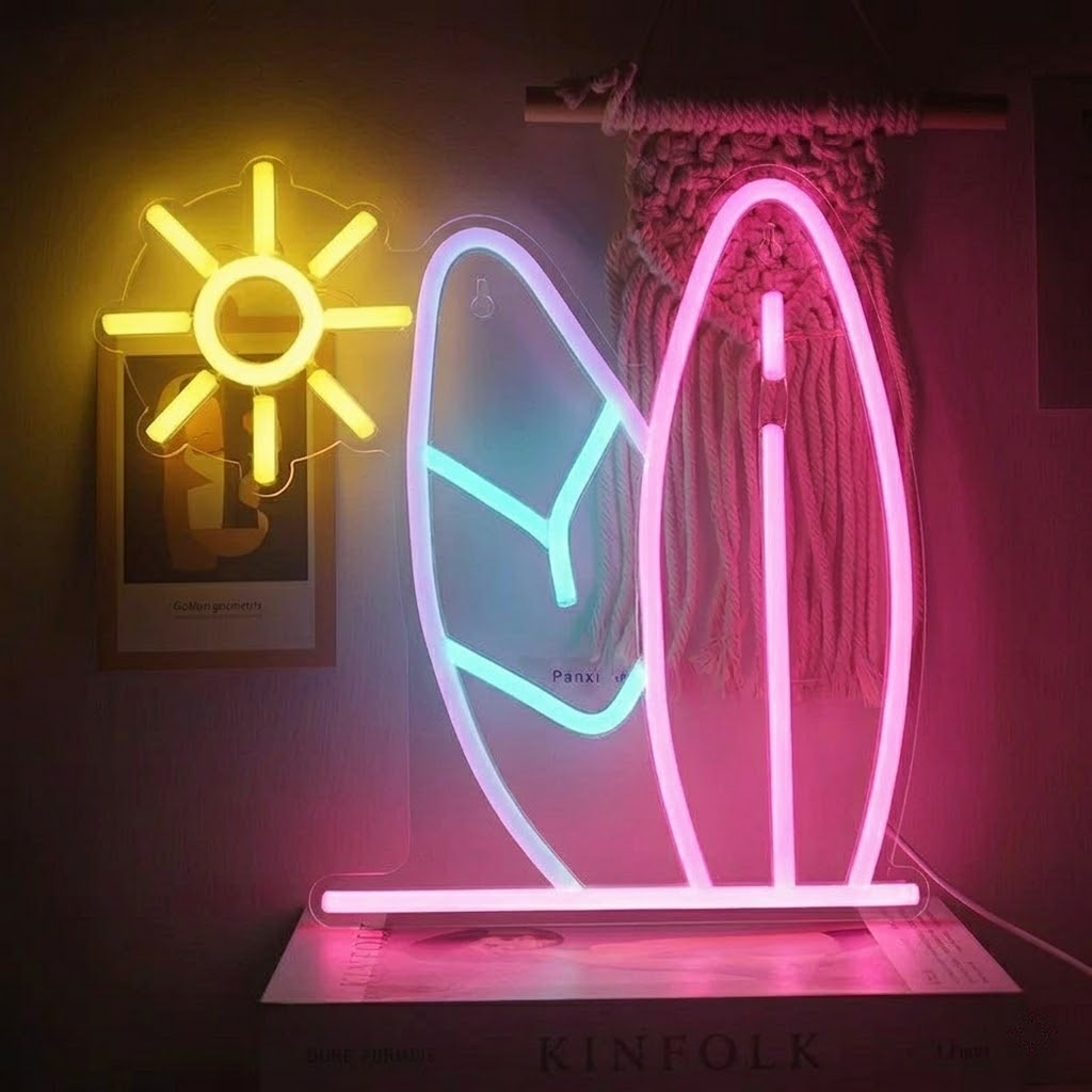 Surfboard LED Neon Sign with Sun Beach Summer Wall Decor Light
