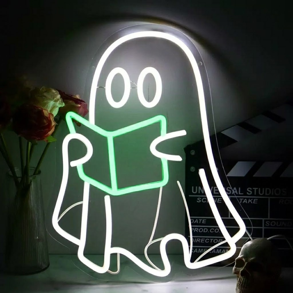 Cute Ghost Reading Book LED Neon Sign Pink Book Neon Light for Bedroom Study Room Halloween Decor