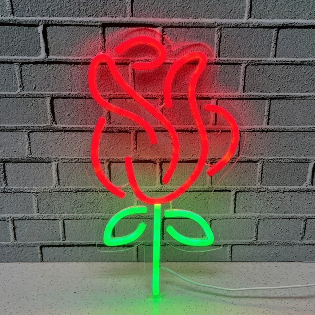 Rose LED Neon Sign Flower Neon Light with Green Stem for Bedroom Romantic Wall Decor
