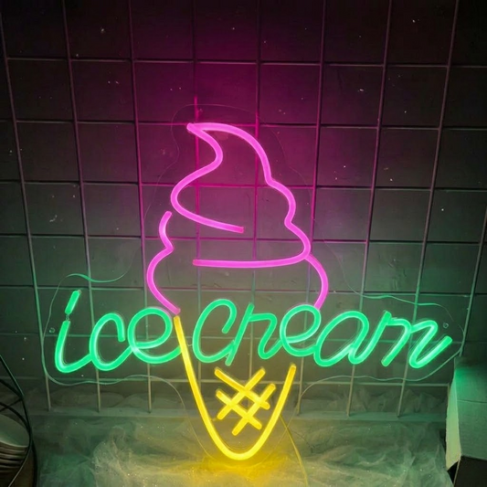 Ice Cream LED Neon Sign Pink Cone Blue Text Neon Light for Shop Wall Decor