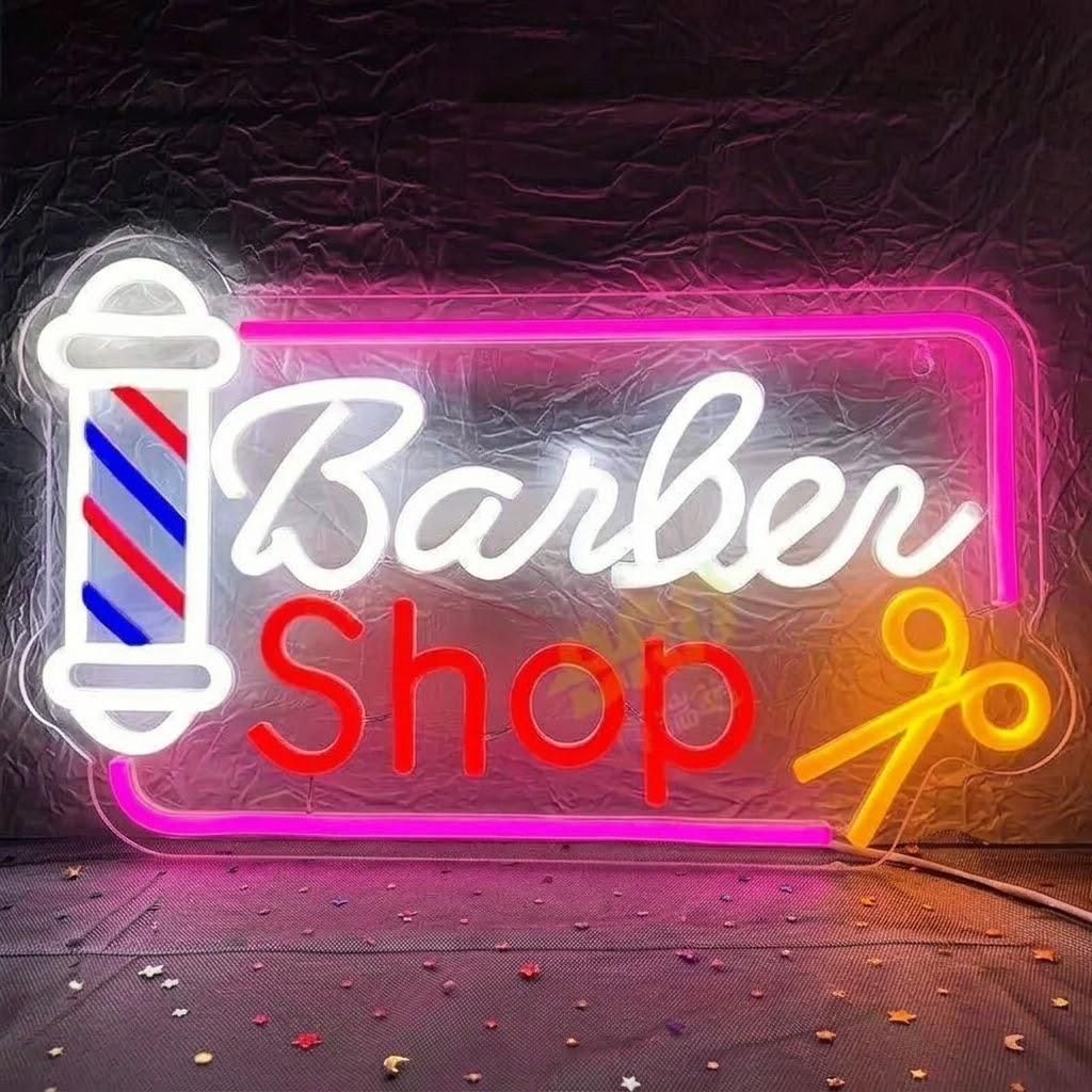 Barber Shop Neon Sign with Pole and Scissors LED Neon Light for Barbershop Decor