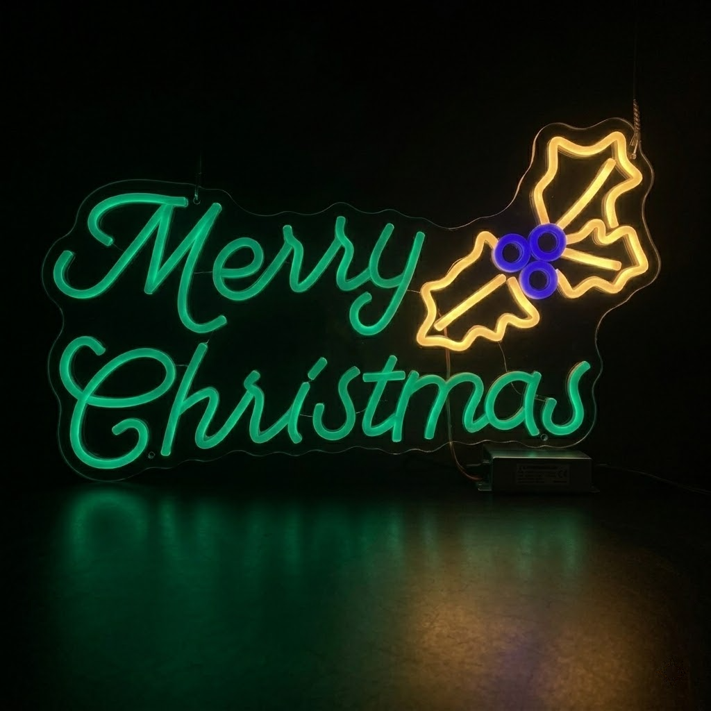LED Merry Christmas Neon Sign with Holly Accent – Red & Green Wall Décor