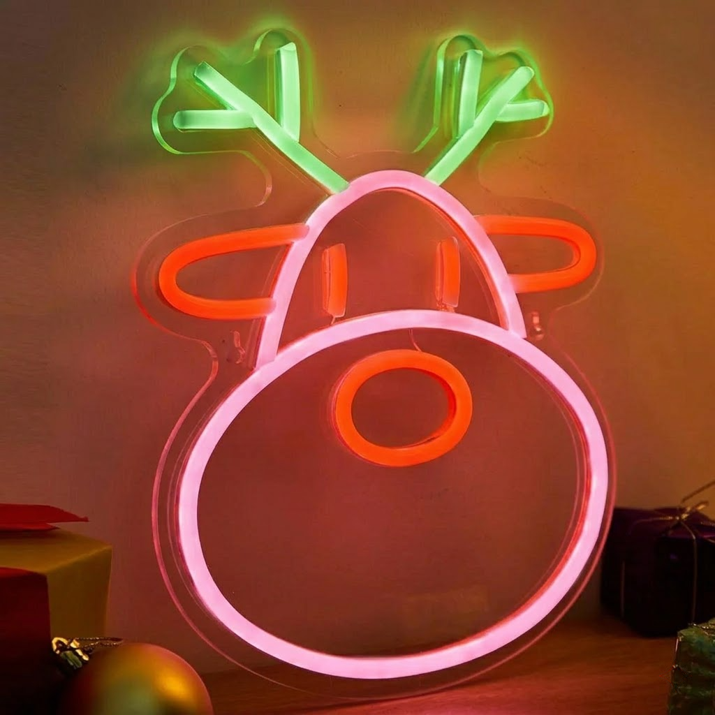 LED Reindeer Neon Sign Yellow, Red & Green Christmas Decoration