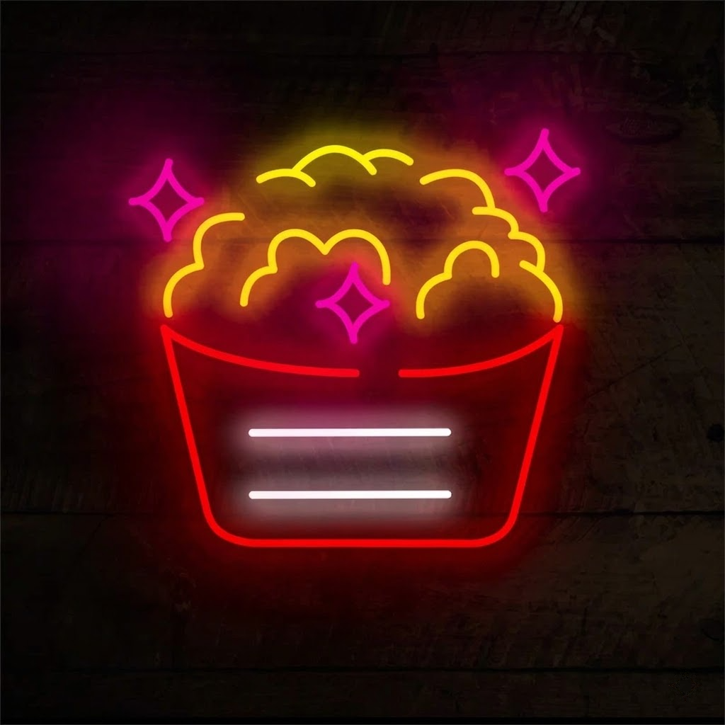 Popcorn Bucket LED Neon Sign for Home Theater and Snack Bar Decor